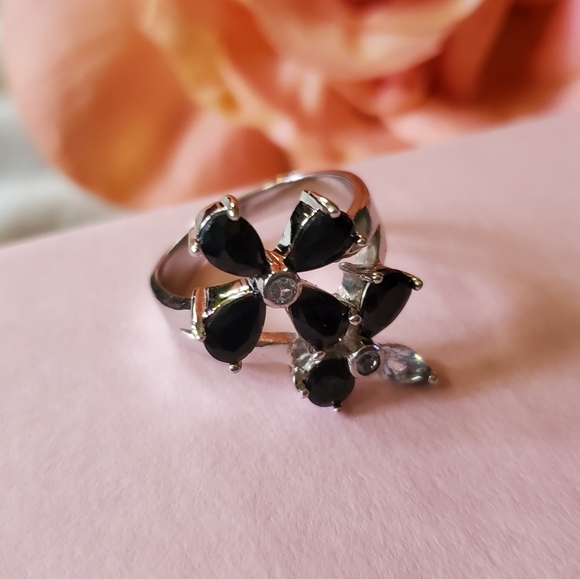 Sterling Silver 925 Blue Topaz Black Sapphire Ring Flower Floral SIZE 7.75 J-475 - Picture 2 of 12